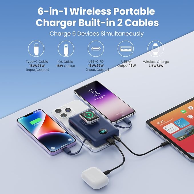 Ekrist Magnetic Portable Charger for MagSafe with Built-in Cable,iWatch Charger,Wireless Power Bank Travel Essentials,25W Fast Charging Battery Pack for iPhone 17/16/15,Apple Watch(Navy,10800mAh)