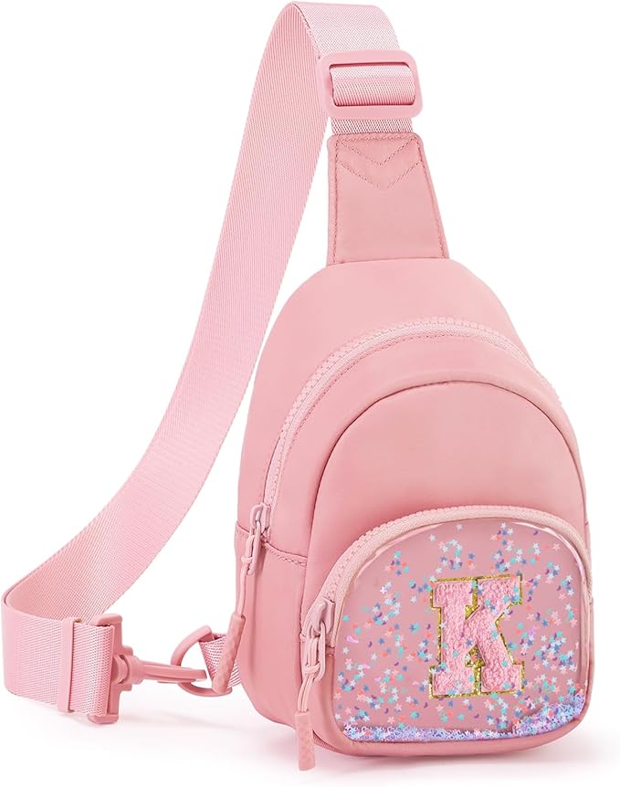 Viverte Birthday Gifts for Girls Small Clear Initial Sling Bag Crossbody Bag Purse Fanny Packs Personalized Monogrammed Gifts for Girls for Travel (Light Pink-K)