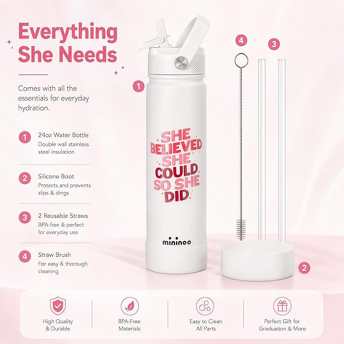 mininoo 2026 Graduation Gifts, 24 oz Insulated Stainless Steel Water Bottle Straw Lid, She Believed She Could So She Did, Cup Holder Friendly Bottle for Women Girls