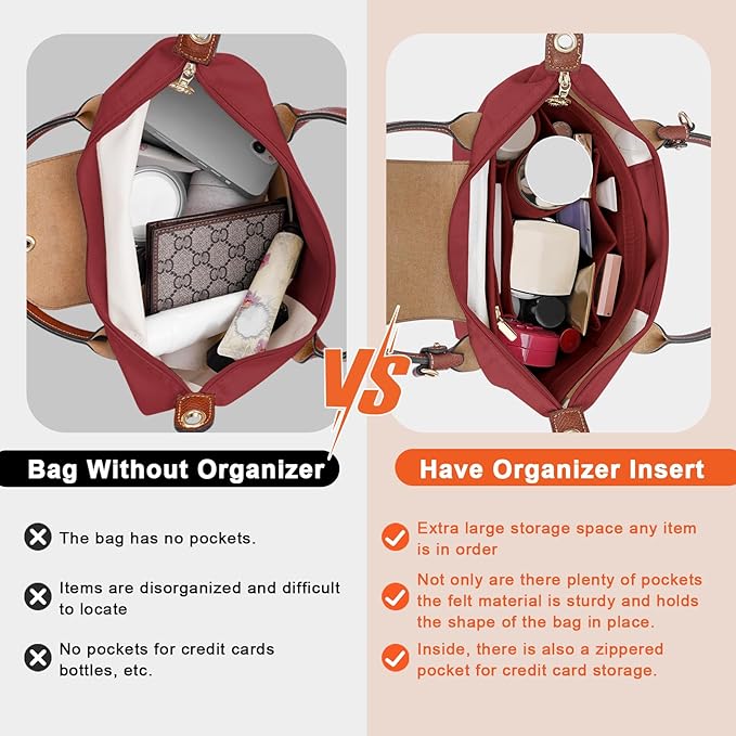 LOUKAYCCI Felt Purse Organizer Insert for Longchamp Le Pliage L Handbag Insert (Vine Red, Large)