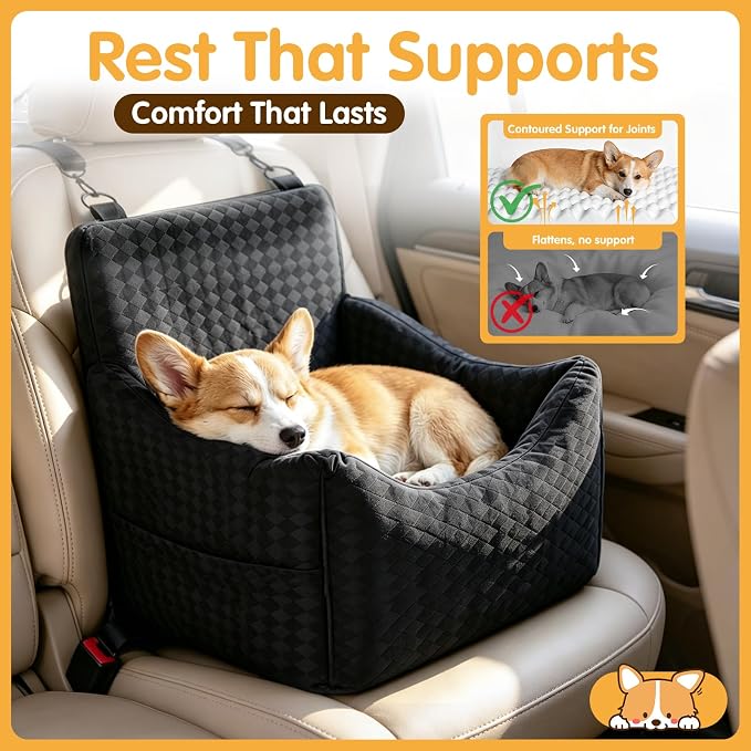 Topmart Dog Car Seat for Small Medium Dogs Under 35lbs, Memory Foam Safety Dog Booster Seat for Front & Back Seat, Cozy Pet Bed for Car with Safety Tether, Storage Pockets, Machine Washable Cover