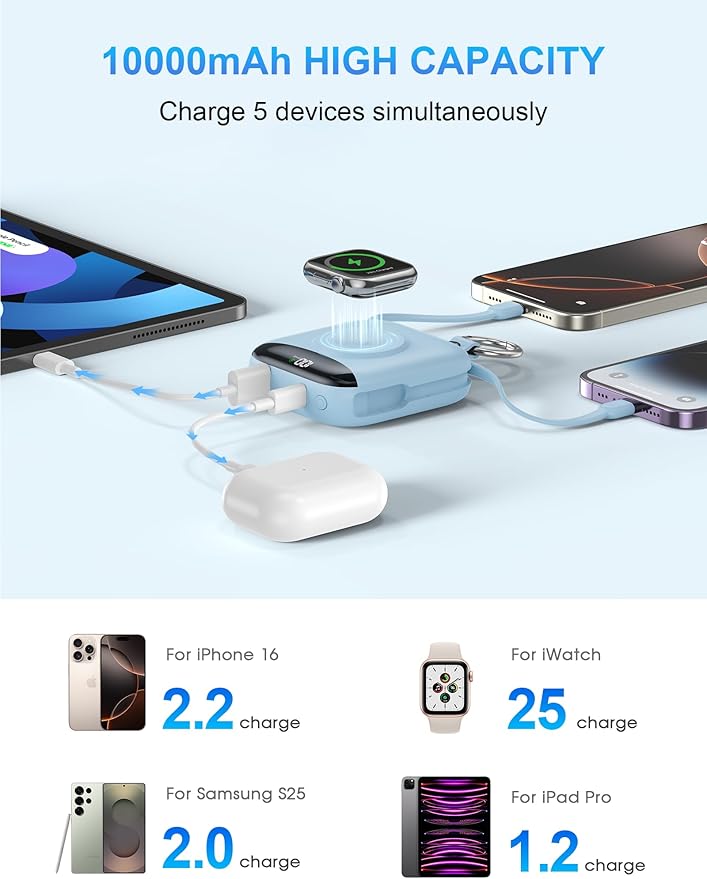citicr Portable Charger, 10000mAh 22.5W Fast Charging Power Bank with Built-in Cables, Travel Battery Pack with LED Display for iPhone, Portable iWatch Charger for 11/10/9/8/7/6/SE/Ultra Dawn Blue