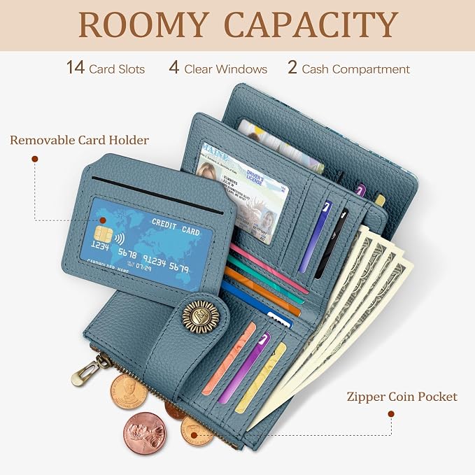 Icycay Sea Turtle Small Wallet Women RFID Blocking Bifold, Credit Card Holder, Zipper Coin Pocket, PU Leather, Cute, Compact, Travel, 4 ID Window, 14 Card Slots, Cash Purse, Ladies Woman Female Girls