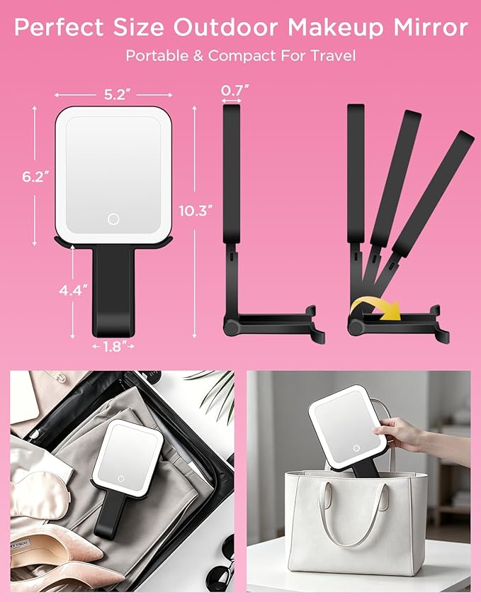 EAONE Magnifying Mirror with LED Light, Double Sided Travel Makeup Mirror 10X/1X with Storage Bag, 3 Color Lighting & Dimmable Touch Screen for Trip, Desk, Bathroom (10.3 x 5.2IN)- Black