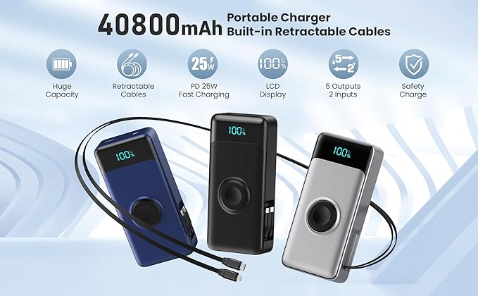 5-in-1 Portable Charger for iPhone,40800mAh Power Bank Built-in Retractable Cable and iWatch Charger,25W PD QC4.0 Fast Charging Battery Pack,Travel Essential Charger for iPhone 17/Air/16,Android,Blue