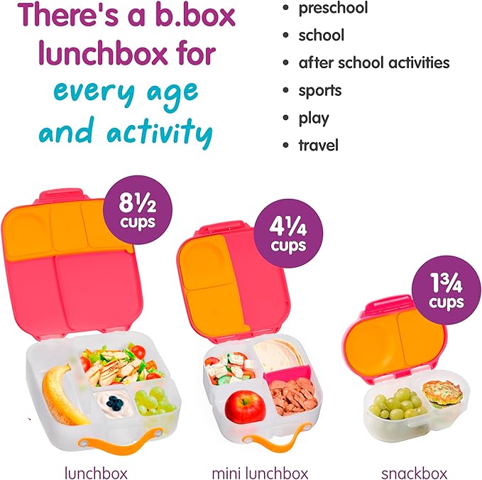 b.box Snack Box 2-Pack - Leak Proof Mini Bento Box for Kids & Toddlers, 2 Compartment Snack Containers for Kids, Dishwasher Safe, BPA-Free, PFAS-Free, Ages 4mo+, 1 3/4 Cup Each (Strawberry + Lilac)