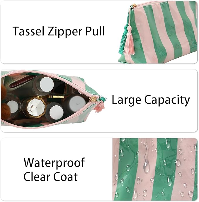 DYSHAYEN Makeup Bags for Purse,Small Clear Coated Cosmetic Bags for Women Girls, Waterproof Travel Organizer Zipper Pouch Beach Vacation Essentials (Pink-Green)