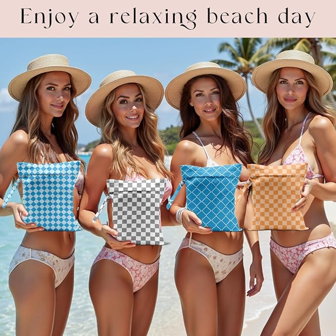 Wet Bag, 4Pcs Wet Dry Bag Set, Reusable Waterproof Bags with Colorful Plaid Prints for Women, Great for Beach Getaways, Pool Visits, Travel & Daily Item Storage