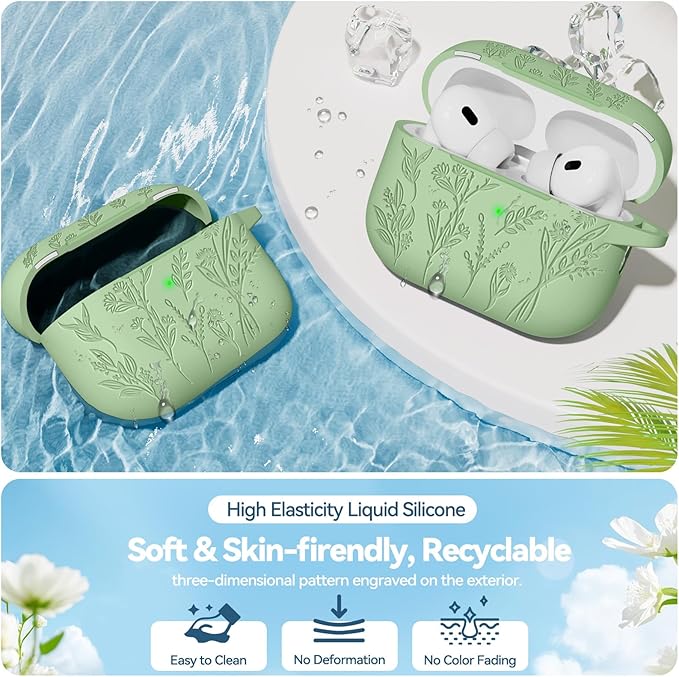 for AirPods Pro 2 Case with Magnetic Lid, Ekoonpft Flower Engraved Silicone Case for Apple AirPods Pro 2nd/1st Generation (2023/2022/2019) Cover with Cleaning Kit & Keychain
