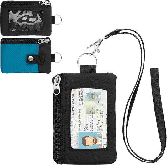 Minimalist RFID Wallet with Lanyard, Multi-Functional ID Case with 2 Zipper Pockets and Key Chain for Men and Women, Tactical Badge Pouch Cards Holder, Coin Purse for Travel Sports - Black&Blue