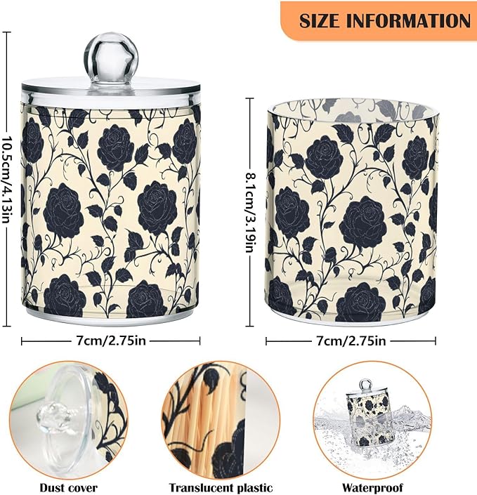 2 Pack Qtip Holder Organizer Dispenser Black Roses Tile Pattern Bathroom Storage Canister Cotton Ball Holder Container for Cotton Pads/Swabs/Floss