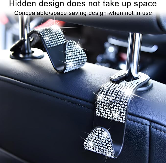 Mandark 4PCS Bling Car Seat Headrest Hooks, Crystal Rhinestone Vehicle Seat Back Hanger for Grocery Purses Handbags, Diamond Auto Seatback Storage Organizer Hanger, Universal for Most Cars (Red)