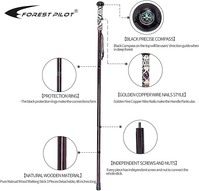 FOREST PILOT 3pc Detachable Hardwood Walking Stick for Hiking with Compass 48 Inches - Soft Hand Strap - Rubber Tip Cover