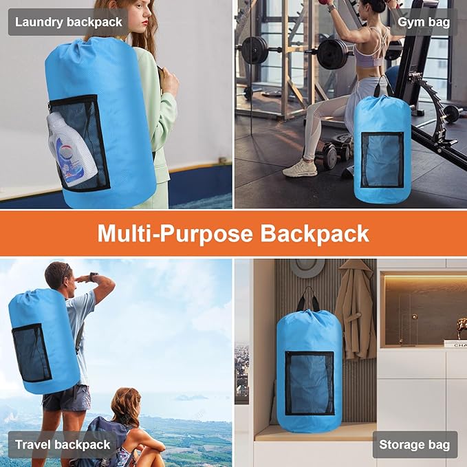 Laundry Bag Backpack Durable Laundry Bag with Shoulder Straps and Mesh Pockets Portable Laundry Hamper Dirty Clothes Bag for College, Travel, Laundromat, Apartment (Blue)
