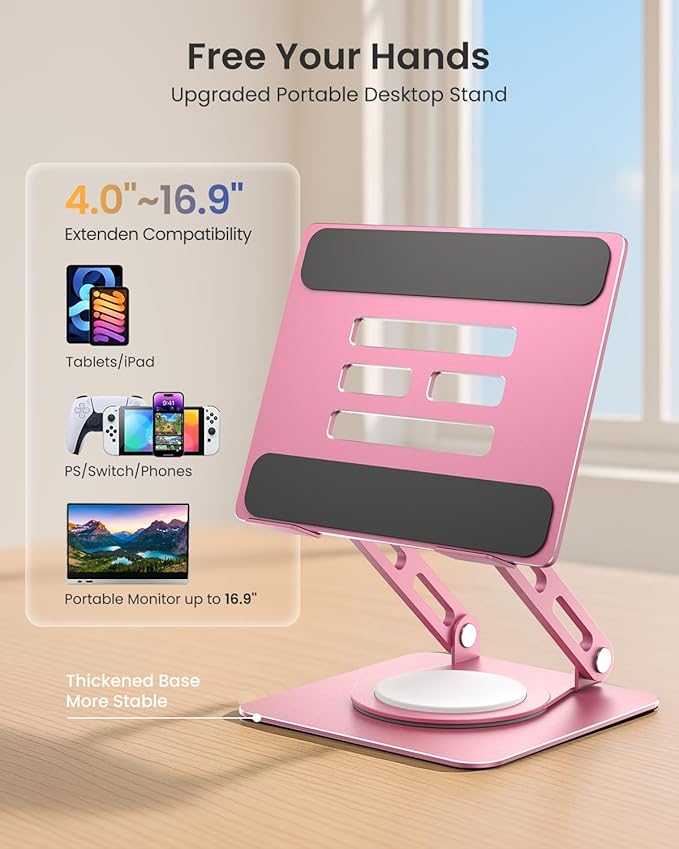 LOXP Metal Tablet Stand, 360 Rotating iPad Stand with Heavy-Duty Base, Tablet Holder Compatible with 4.7-16.9" Device, iPad Pro Air Mini, Kindle, Surface Tablet, Portable Monitors - Pink