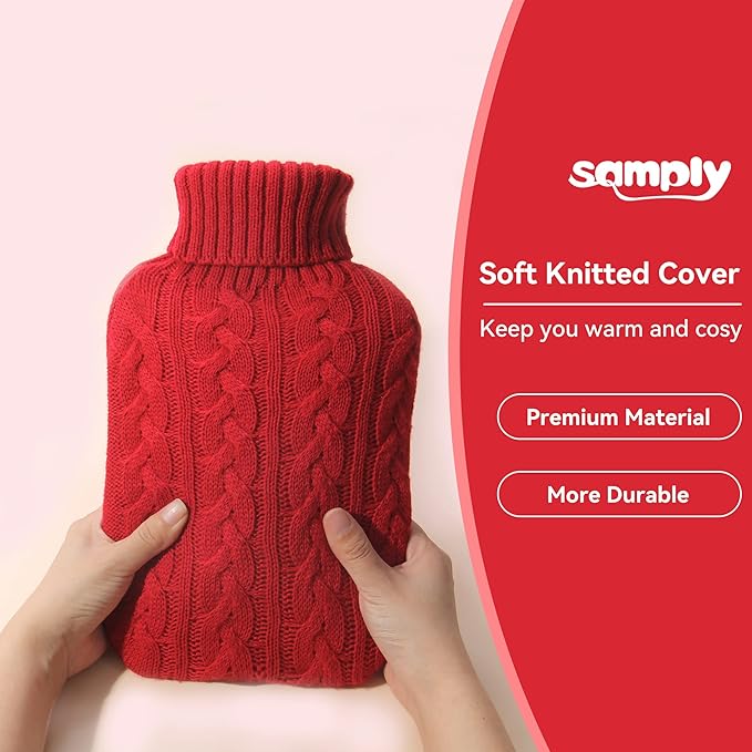 samply Hot Water Bottle with Knitted Cover, 2L Hot Water Bag for Hot and Cold Compress, Hand Feet Warmer, Ideal for Menstrual Cramps, Neck and Shoulder,Red