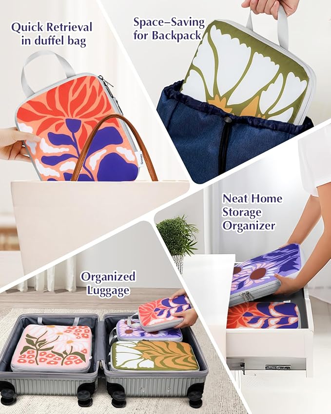 Gonex Compression Packing Cubes, 6pcs Expandable Storage Travel Luggage Bags Organizers with Shoe Bag Laundry Bag, Travel Cubes for Suitcase Carry On (Flowers)