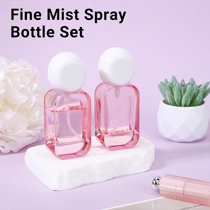 Segbeauty 1oz Fine Mist Glass Travel Spray Bottles for Toileties, 2pcs Square Pink Refillable Perfume Atomizer with Round Cap, 30ml Empty Cologne Sprayer, Liquids Essentials Container for Travel
