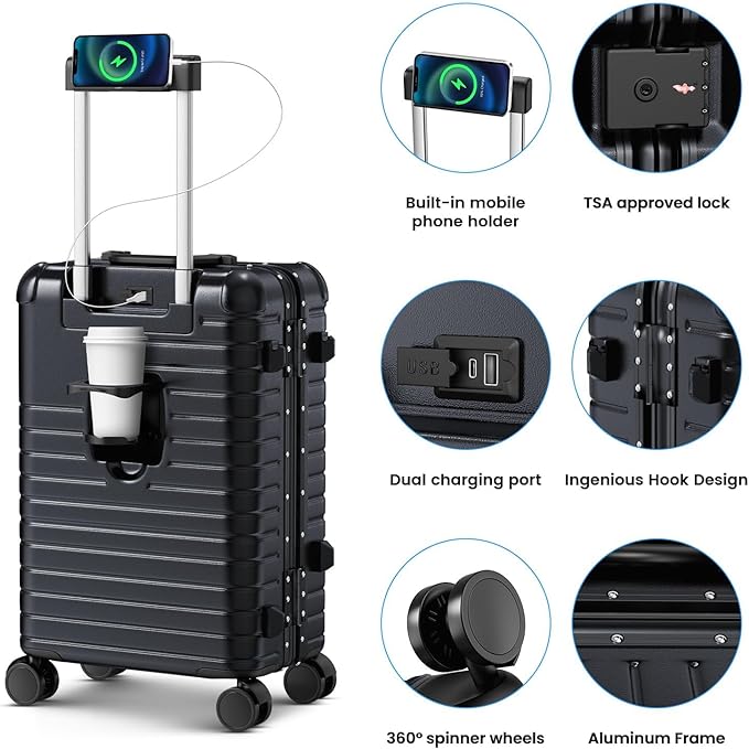 28 Inch Large Checked Luggage with Cup Holder, Aluminum Frame PC Hard Shell Suitcase, 360° Spinner Wheels, TSA Lock for Short Trips and Business Travel