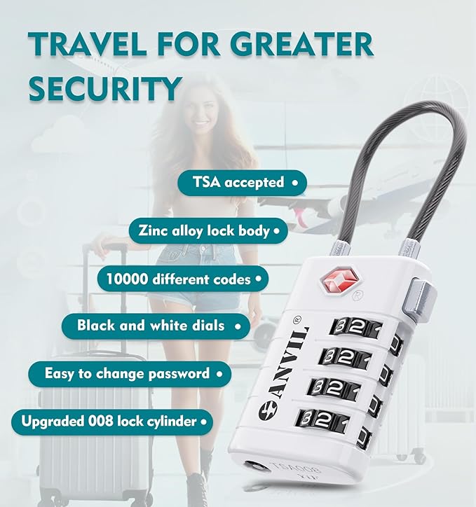 ANVIL TSA Approved Luggage Locks with Search Alert Indicator, 4-Digit Combination Suitcase Lock, Advanced TSA008 Core Heavy Duty Anti-Theft Travel Lock for Double Zippers, Backpacks