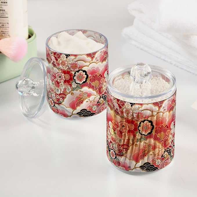 2 Pack Qtip Holder Organizer Dispenser Japanese Flowers Pattern Bathroom Storage Canister Cotton Ball Holder Container for Cotton Pads/Swabs/Floss