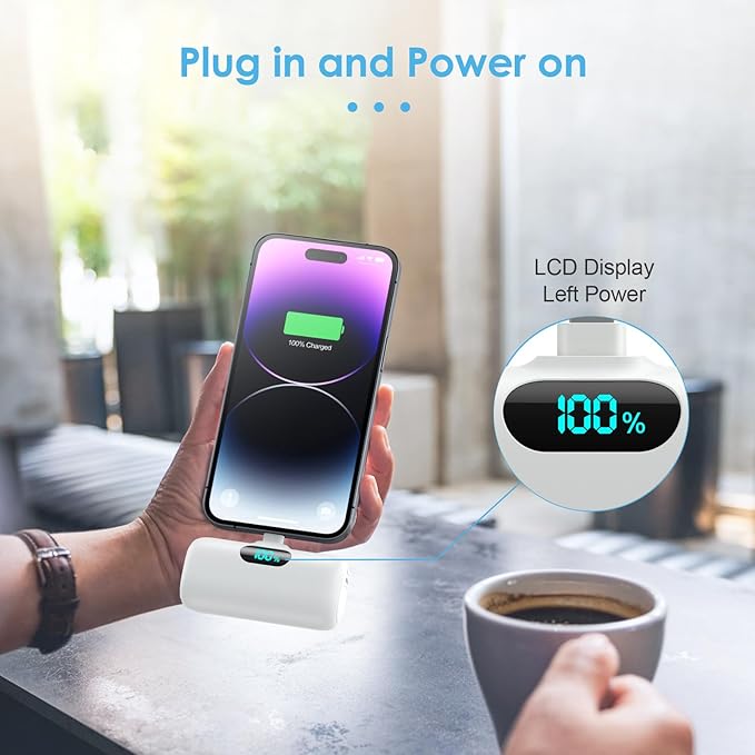Mini Portable Charger USB C Power Bank,5000mAh PD Fast Charging Battery Pack Built-in USB-C Connector Travel Essential for iPhone17/17Pro/17Pro Max/Air/16 Plus/16Pro Max/15 Series,Android White