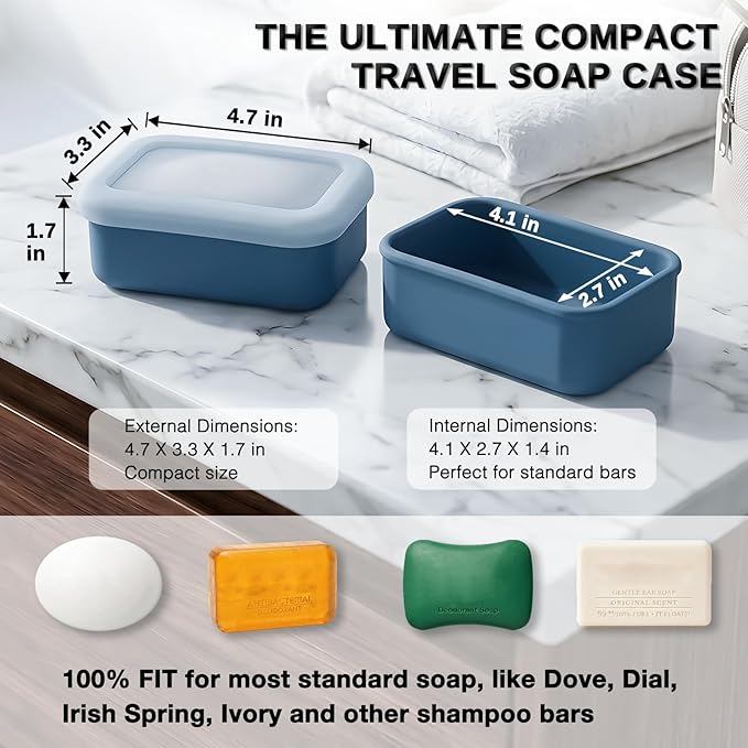 HighHerz Compact Leak Proof Silicone Travel Soap Case with Draining Tray - Portable Bar Soap Container - 2026 Upgrade Travel Essentials for Camping, Gym & Shower (Clear Blue)