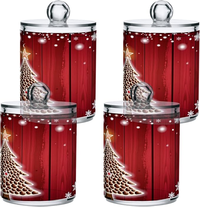 Gredecor Christmas Winter Qtip Holder Dispenser 2 Pack Christmas Tree Red Snowflakes Bathroom Decorative Storage Canister Holder Counter Vanity Organizer for Cotton Ball Swabs Pads Floss
