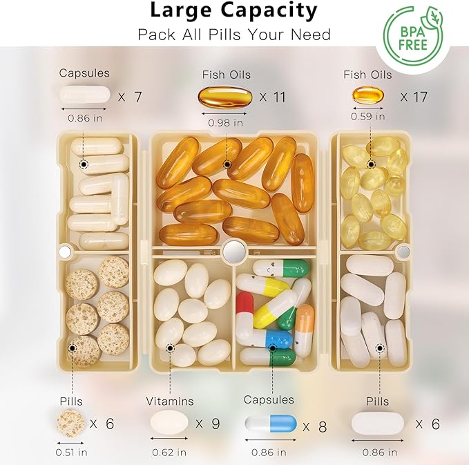 FYY Daily Pill Organizer,2 Pcs 7 Compartments Portable Pill Case Travel Pill Organizer,[Folding Design] Pill Box for Purse Pocket to Hold Vitamins,Cod Liver Oil,Supplements and Medication-White