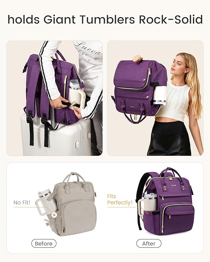 LOVEVOOK Laptop Backpack for Women with Giant Tumbler Holder Pocket,15.6 inch Waterproof Travel Backpack Purse Computer Laptop Bag,Large Professional Work College Nurse Teacher Backpack,Beige Apricot