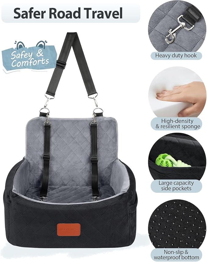 WOOAIDAGG Dog Car Seat for Small Dogs Under 30lbs, Comfy & Safe Travel Bed with Washable Cover, 2 Clip-On Safety Leashes and Pockets, Anti-Slip Base, Easy to Install(Black/Grey)