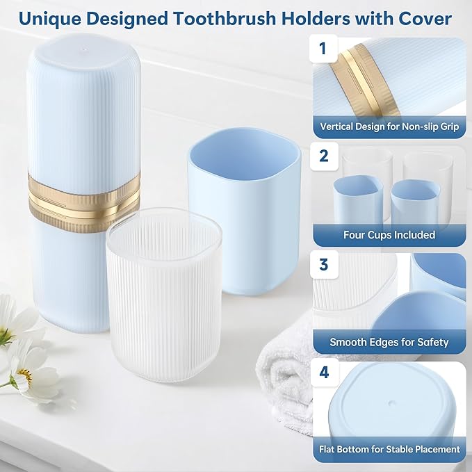 Quatish 4-in-1 Toothbrush Travel Case, Portable Toothbrush Holder with 4 Rinse Cups, Large-Capacity Storage for Toothbrush & Toothpaste, Ideal for Travel, Home, Camping, Gym, Business Trip (Blue)