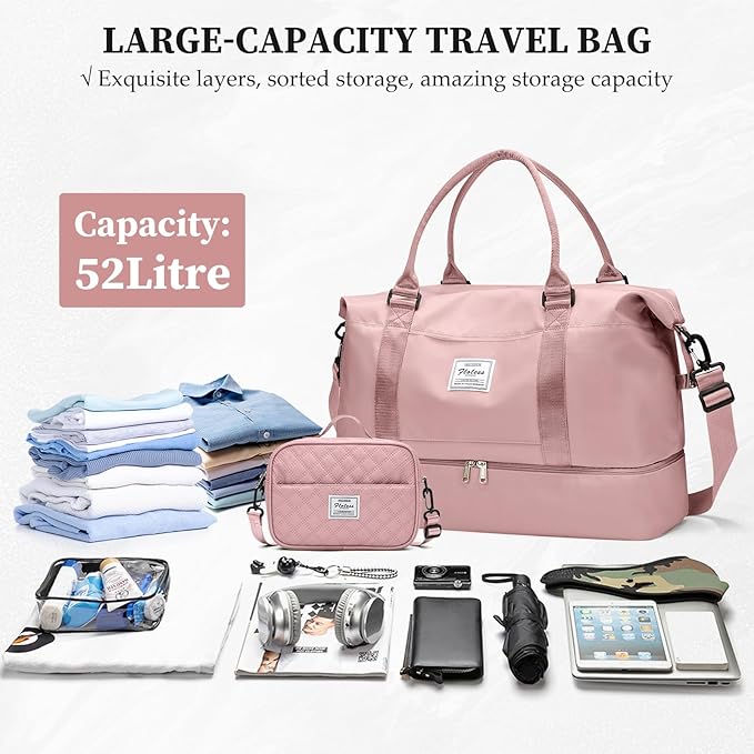 Weekender Bags for Women,Carry On Overnight Travel Duffel Bag with Shoes Compartment & Toiletry Bag,Extra Large,Pink