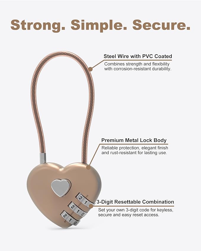 Combination Lock for Locker, Small Cable Lock with Code, 3 Digit Padlock Combination, for Luggage, Gym Locker, Suitcase, Backpack Zipper, Cabinet, Toolbox, Outdoor Fence Gate, Travel Safe
