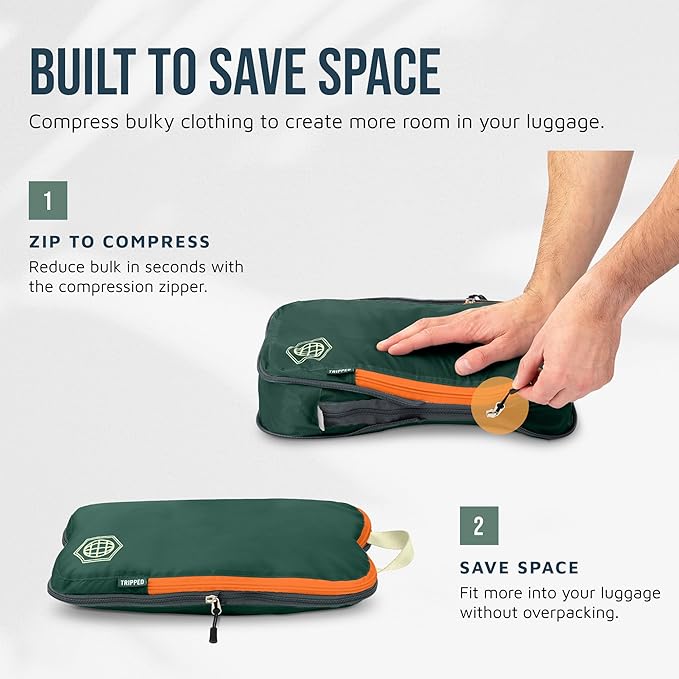 Large Compression Packing Cubes for Travel-Packing Cube Luggage Organizers 7 Piece Set for Checked Luggage-Ultralight, Expandable/Compression Bags by TRIPPED Travel Gear (Green/Orange)