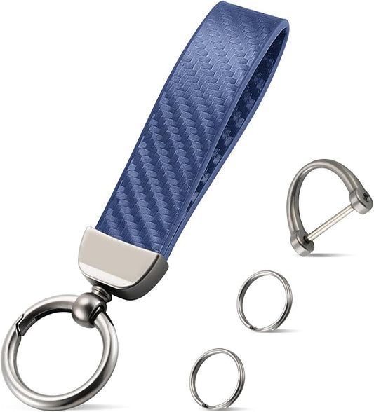 JUSTTOP Leather Keychain, Carbon Fiber Car Key Chain with Anti-Lost D-Ring and 2 Key Ring, Keychain Wristlet, Car Accessories, Universal Keychain for Men and Women (Blue)