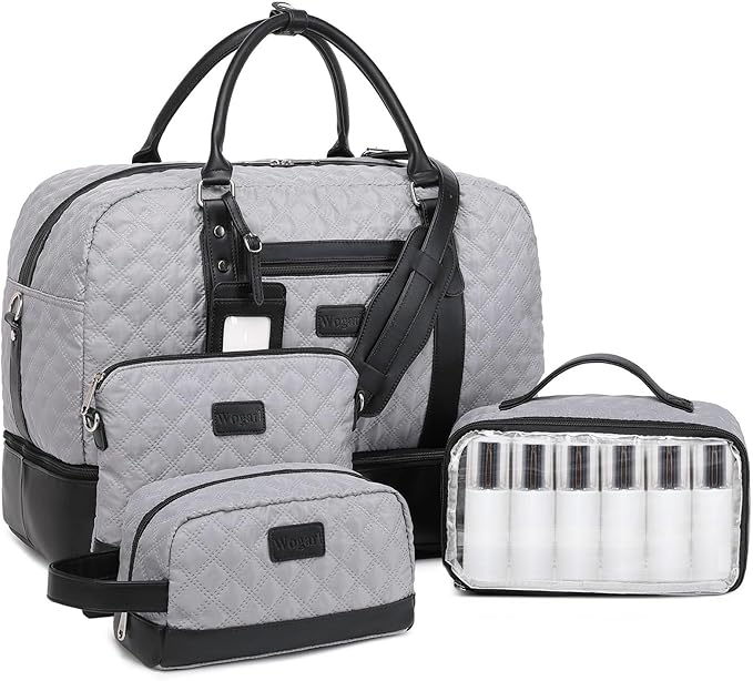 Wogarl 4PCS Weekender Bags for Women Large Overnight Weekend Travel Duffel Carry on Shoulder with Shoe Compartment Canvas Toiletry Bag for Travel Business Gym