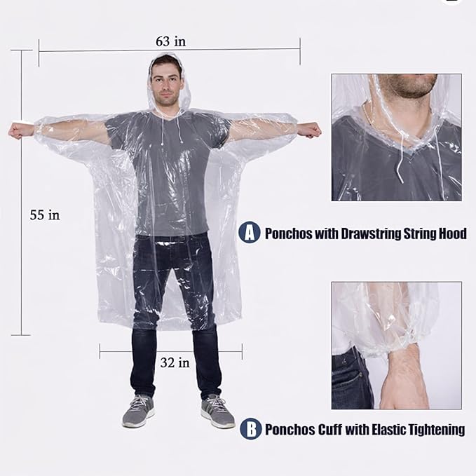 Mindful Design Rain Ponchos with Drawstring Hood Disposable Emergency Poncho for Adults