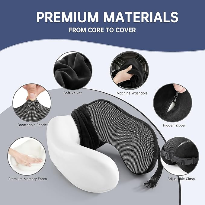 Neck Pillow Travel Pillow - 100% Pure Memory Foam Airplane Pillow with Adjustable Clasp & Removable Cover, Portable Travel Essentials for Long Flights, Car & Office (Black, with Eye Mask)