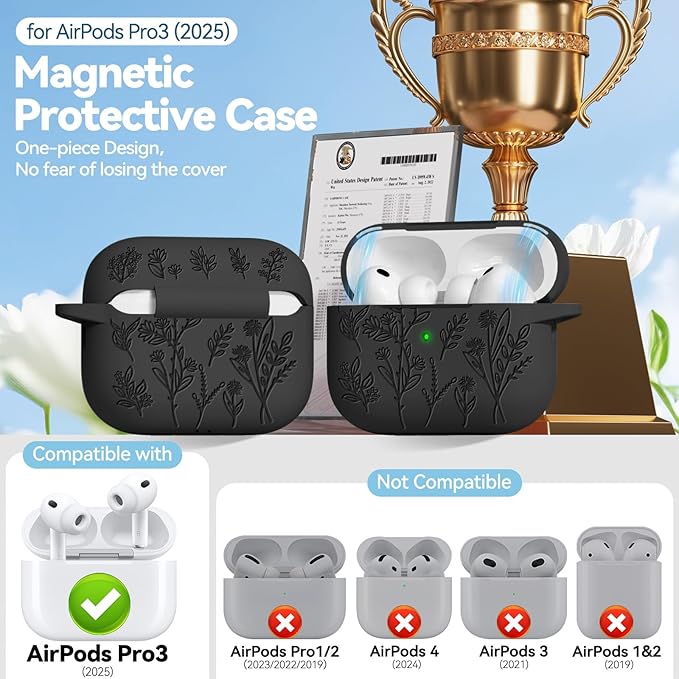 for Airpods Pro 3 Case with Magnetic Lid, Flower Engraved Cases for Apple AirPods Pro 3rd Generation 2025, Soft Silicone Cover for Women Girly with Cleaner & Keychain, Shockproof