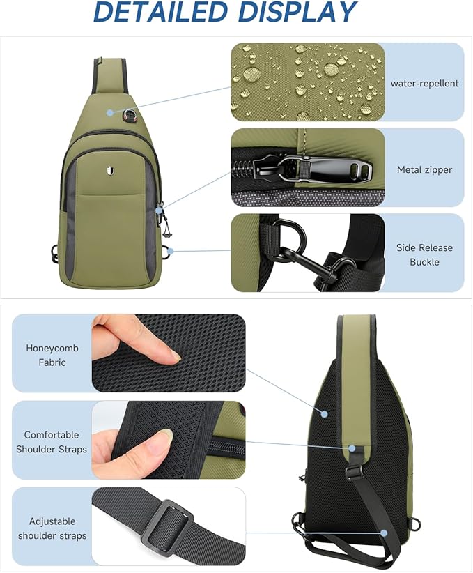 Anti-Theft Tactical Sling Bag for Men&Women, Water Resistant Crossbody Mini Backpack, Travel Hiking Lightweight Chest Pack,Built-in Audio Port, Reversible Strap, Fits 11 inch iPad & Switch 2