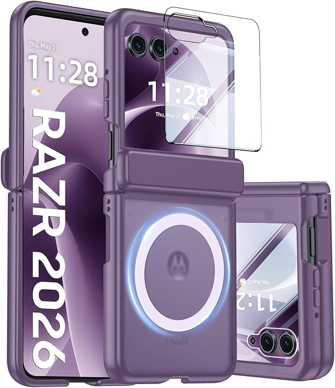 Magnetic for Motorola Razr 2026 Case with Hinge Protection, Screen Protector, Compatible with MagSafe,Skin Feel Translucent Frosted, Shockproof Slim Cover for Moto Razr 2026-Purple
