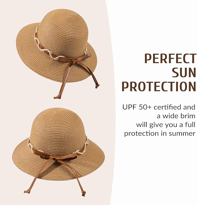 Beach Hat for Women, Wide Brim Sun Straw Hats for Women, Sun Hat Womens UPF 50+ UV Protection, Floppy Foldable Summer Hats