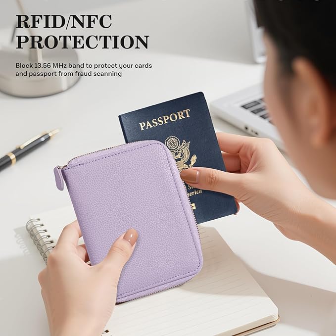 CoBak Passport Holder Cover with Safe Zipper Closure, Premium Passport Wallet for Travel, RFID Blocking Card Case, Waterproof Travel Accessories for Women, Paisley Purple
