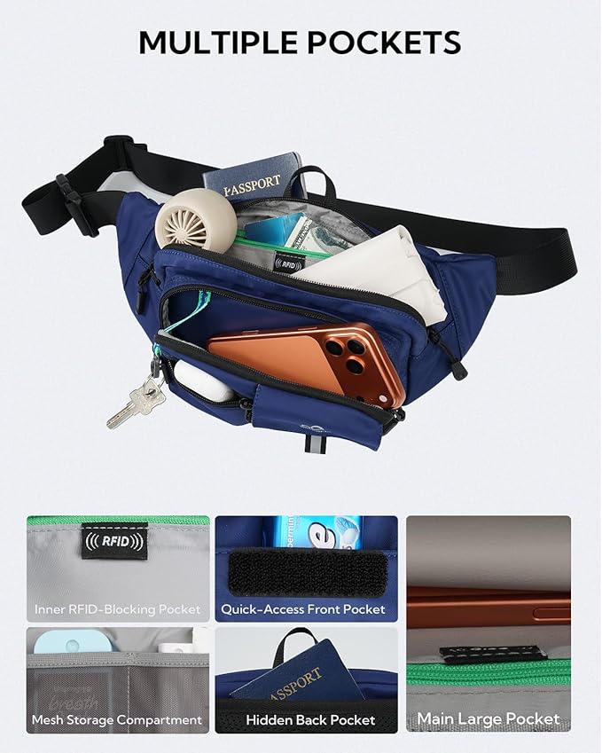 WATERFLY Fanny Pack Waist Bag: 3L Waist Pack with Anti-Theft RFID Blocking, 9 Pockets & Adjustable Belt Water Resistant Hip Pack for Women Men Travel Hiking Running