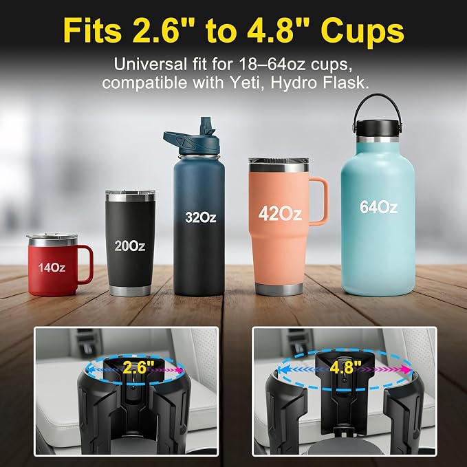 Cup Holder Expander (Adjustable Holder & Base, Auto-Fit Hold, One Button Open), Car Cup Holder Expander for Yeti, Hydro Flask, Nalgene, Owala, Bottles in 2.6"- 4.8" (Black, 2 Pack)