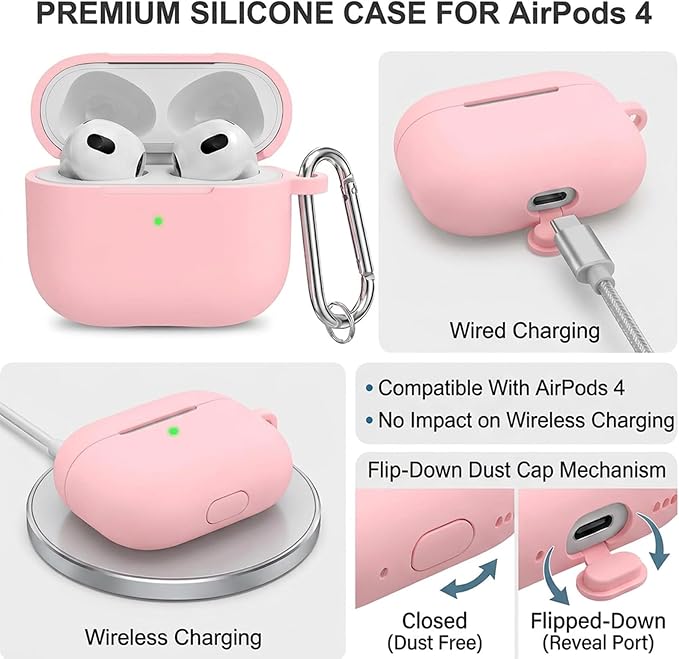 Silicone Case Cover for AirPods 4th Gen, Soft Skin, Full Protection, Keychain, Cleaner Kit (Pink)