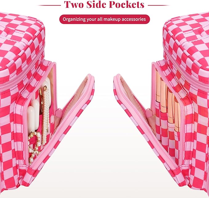 Bagmoly Large Checkered Makeup Bag, Travel Makeup Bag Organizer for Women Girls with Makeup Brush Compartment & Two Side Pockets, Cosmetic Travel Bag Vertical Storage Toiletry Bag- Hotpink