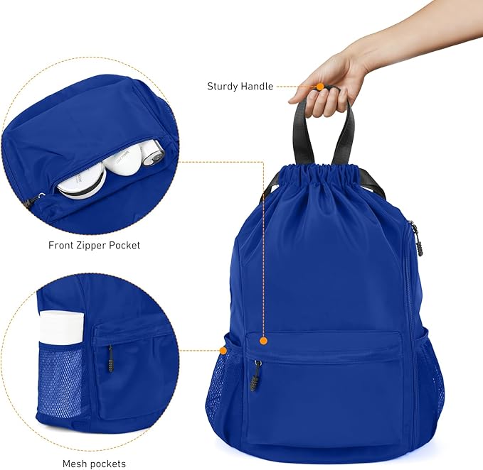 Valleycomfy Waterproof Drawstring Gym Backpack Bag for Men & Women,Sports Gym Bag with Side Pocket Blue