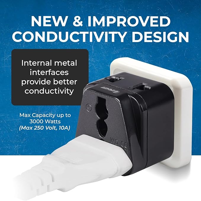 OREI European Power Adapter Plug, Perfect for Travel To Europe, Germany, France, Spain, Norway, Korea - Universal Socket - Type E/F Outlet - 2 Inputs - Safe Grounded Connection